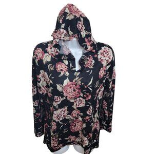 Try! This Knit Top, Women 1X, Black w/Red Floral, Kangaroo Pocket, Hoodie, EUC